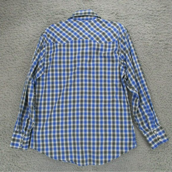 Wrangler Shirt Mens Medium Wrancher Blue Plaid Long Sleeve Pearl Snap - Picture 7 of 8
